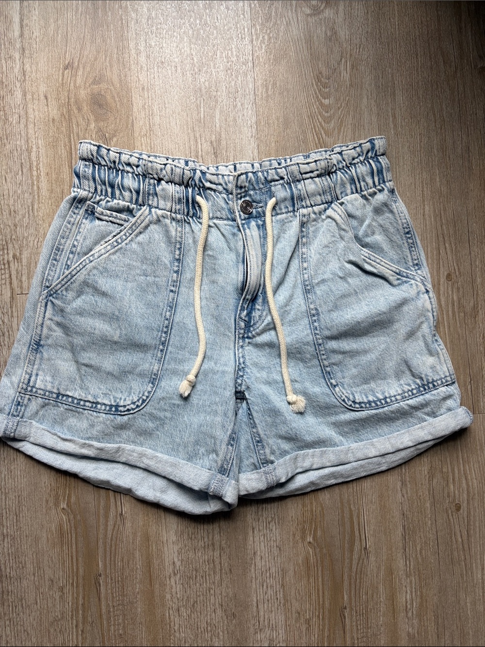 Light Wash Denim Paper Bag Relaxed Fit Drawstring Shorts 100% Cotton